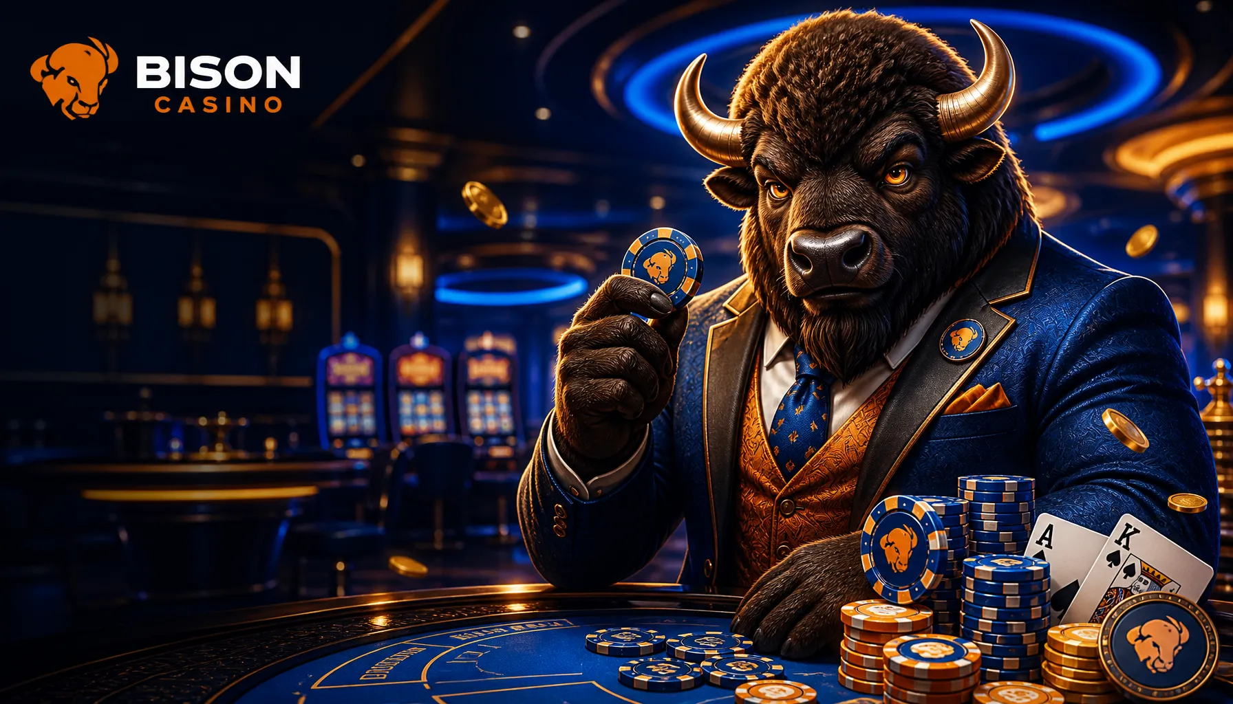 Premium HERO banner with Bison Casino mascot, showcasing an elegant anthropomorphic bison in a modern casino setting.